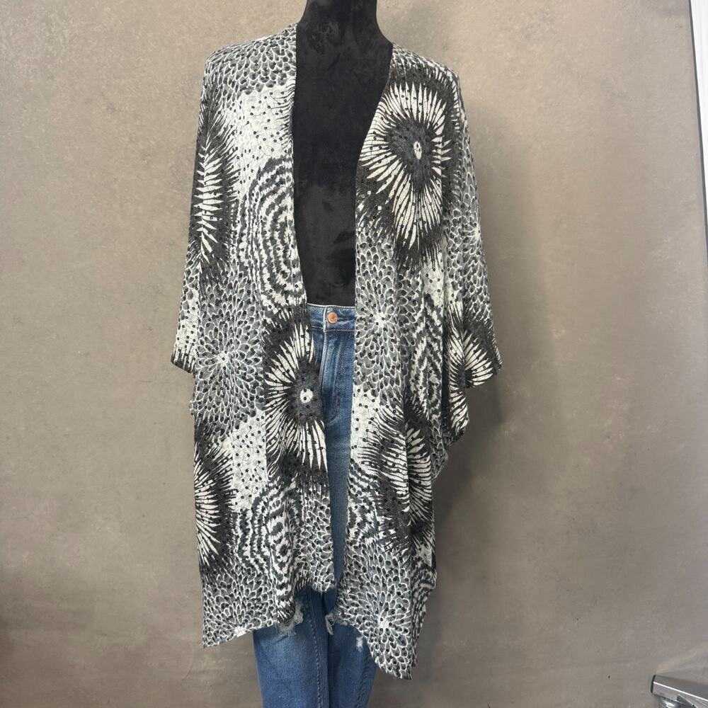Chico's Sequin Kimono Duster Cardigan Black White Feather Print M/L